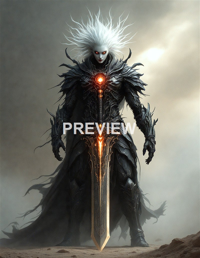 A dark, armored warrior with glowing red eyes and white, spiked hair stands on a barren landscape, holding a large ornate sword with fiery accents.